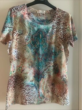 Paisley & Leopard Print Short Sleeve Top in Teal & Brown with sparkly studs.